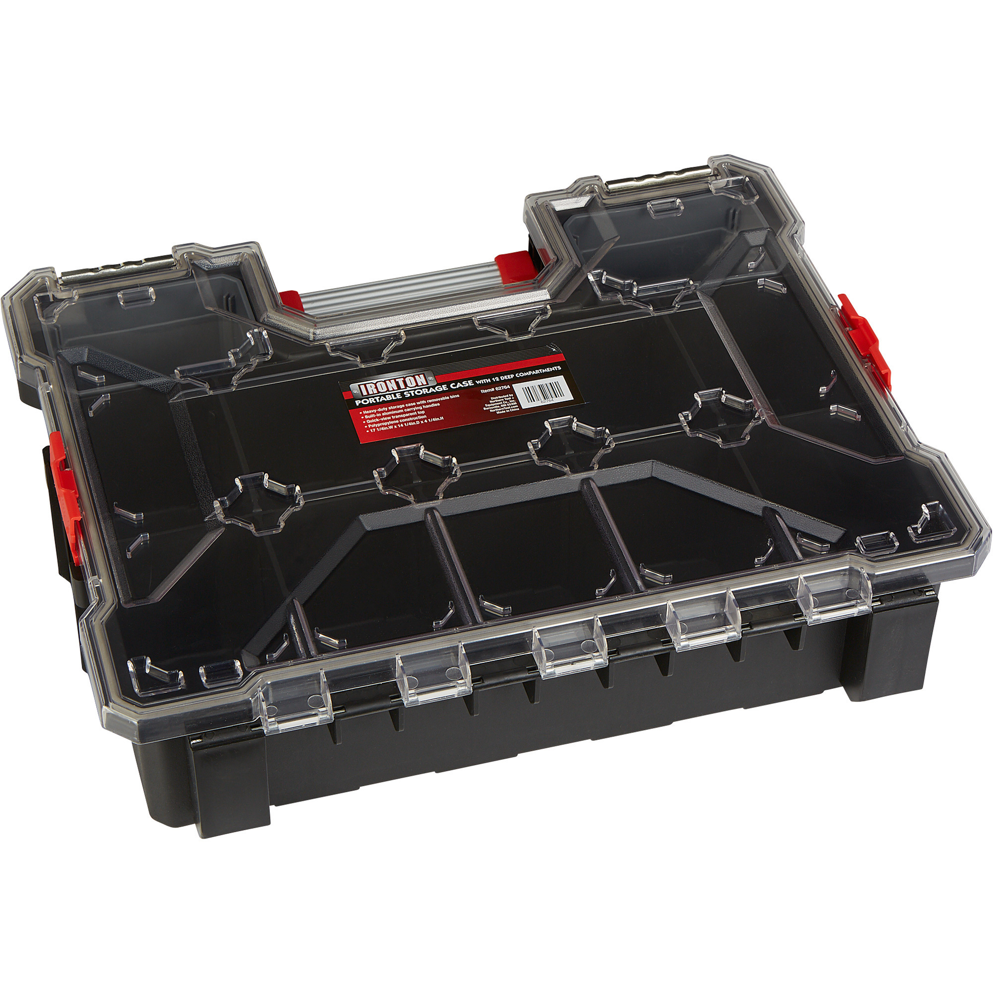 Ironton Portable Storage Case, 17-1/4in.W x 14-1/4in.D x 4-1/4in.H, 12 Deep Compartments, Aluminum Handles